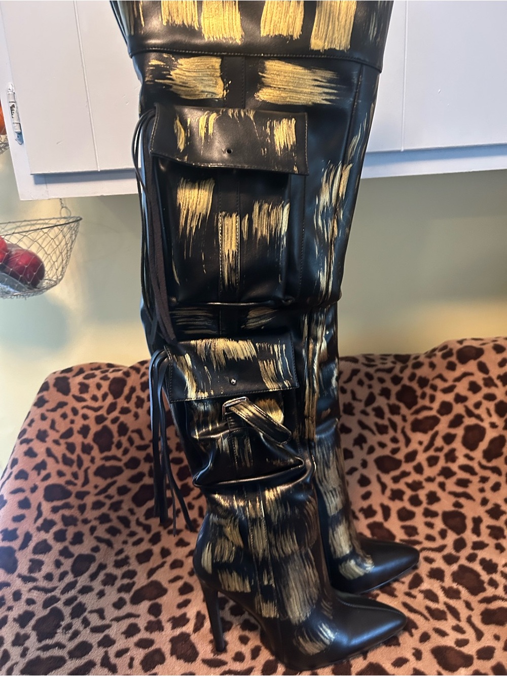 Sexy Black & Gold Buckle Knee-High Stiletto Boots - Picture 11 of 16